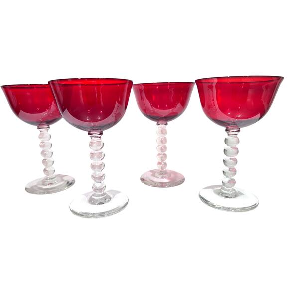 Stunning Art Deco Ruby Red Bubble Stem Champagne Tall Sherbet Glasses-Set of 4 - Picture 3 of 9